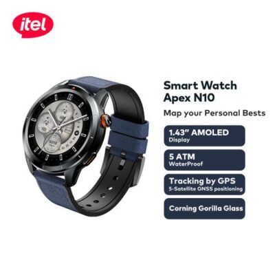 itel Apex N10 Smartwatch 1.43” Amoled Digital Compass, 5ATM Waterproof, GPS Tracking, Anti-Cracking Glass,Multiple Sports Modes  – Dark Chrome