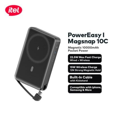 itel PowerEasy 1 MagSnap 10C A1820 Dual Wireless Fast Charger 22.5W + 15W 10000mah 12N Strong Magnetic Hold Built-In Cable & Kickstand Power AI Chip