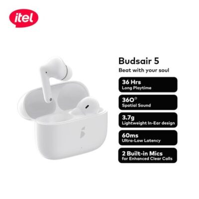 itel TWS BudsAir 5 Earbuds AI translation Half In-Ear Design Deep Bass – White