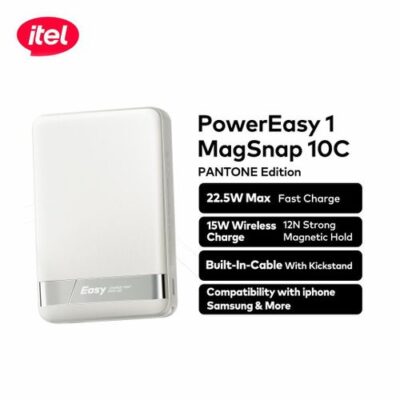 itel itel PowerEasy 1 MagSnap 10C A1820 Pantone Edition Magnetic Wireless Power Bank, 10000mAh, 22.5W Fast Charge + 15W Wireless, Strong Magnetic Hold,Compatible, Built-in Cable & Kickstand