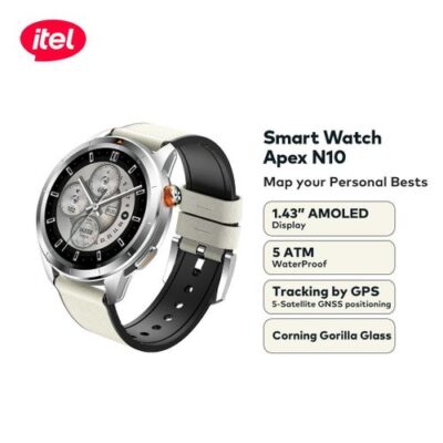 itel Apex N10 Smartwatch 1.43” Amoled Digital Compass, 5ATM Waterproof, GPS Tracking, Anti-Cracking Glass – Aluminum Silver