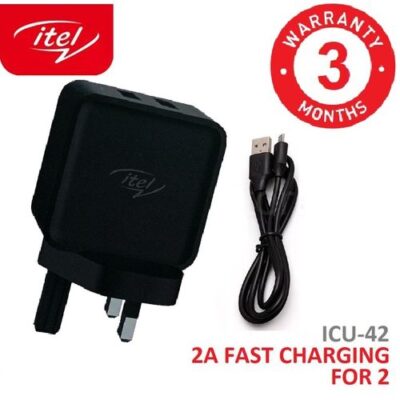 itel Dual USB Port 2A Fast Charger + Free Cable – Black